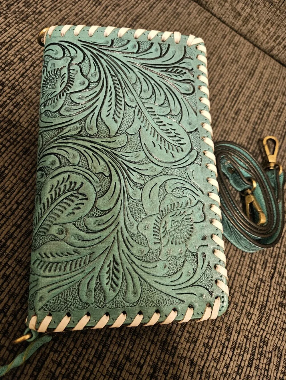 Turquoise Tooled Leather Crossbody Wallet - Women's Wristlet